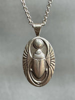 Load image into Gallery viewer, Egyptian Revival Scarab Beetle pendant in sterling silver, vintage die , art deco, hieroglyphics
