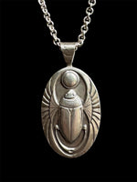 Load image into Gallery viewer, Egyptian Revival Scarab Beetle pendant in sterling silver, vintage die , art deco, hieroglyphics
