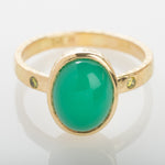 Load image into Gallery viewer, Stunning AAA Australian Chrysoprase gemstone ring in 18K gold.

The Chrysoprase is 8mm x 10mm and is flanked by two, 2mm yellow diamonds.
