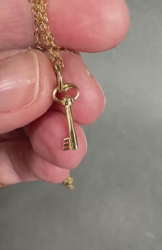 14K Gold Antique Key Charm: Solid Yellow Gold, Fairy Door
