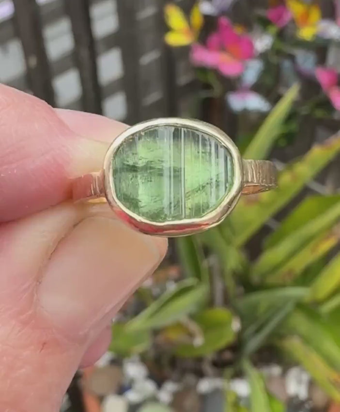 14K Gold Green Tourmaline ring, signet ring, natural raw stone