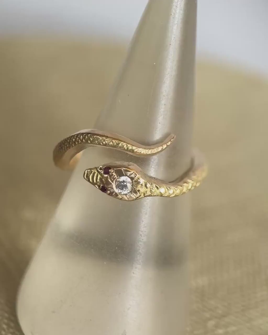 14K Gold Snake Ring with Diamond and Rubies