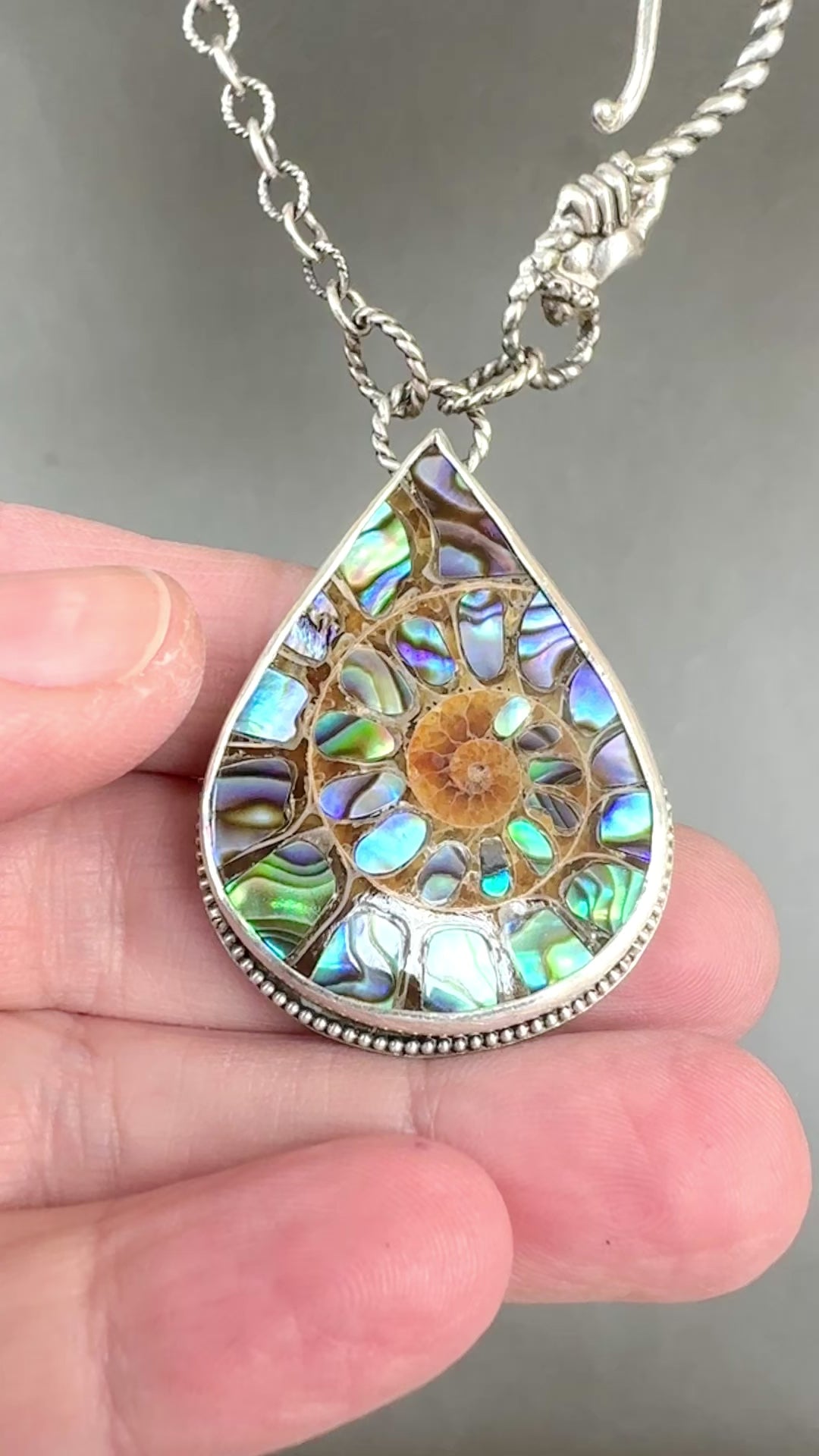 Ammonite with Abalone Inlay pendant with Hand Clasp