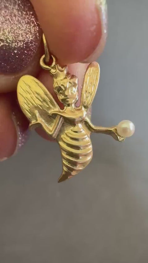 10K Gold Bee Charm with Pearl, Retro Bee Pendant, 1960s Logo Jewelry