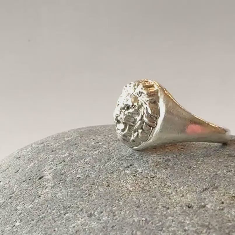 Lion Signet Ring with Black Diamond Eyes, sterling silver