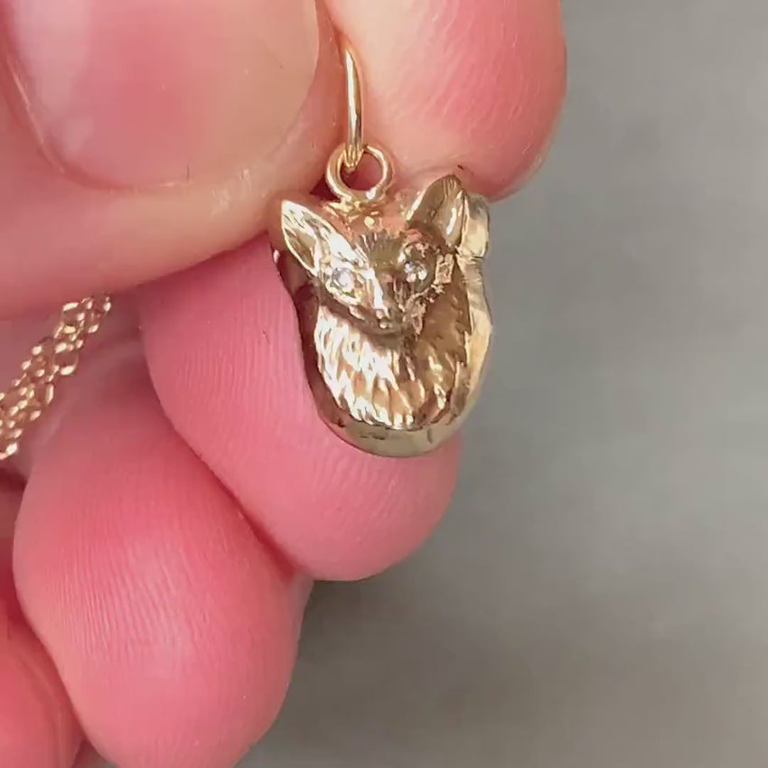 Fox Charm with Diamond Eyes: 10K Gold , Handmade Vintage pressing