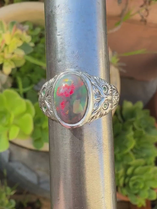 Owl Ring with Opal and Emeralds