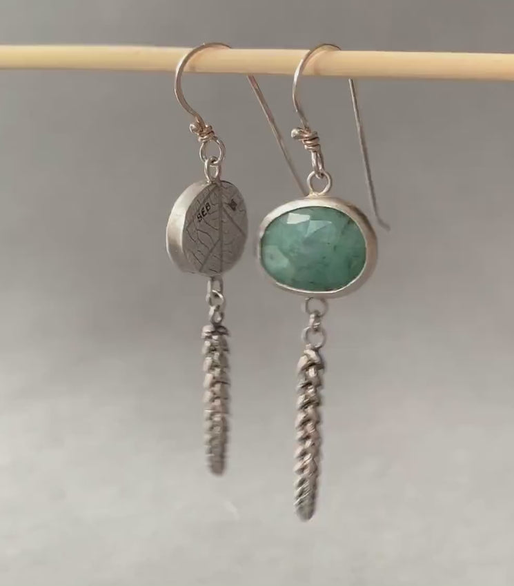 Emeralds and Succulent Dangle Earrings in Sterling Silver