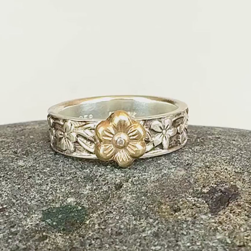 Flower Band with 10K Gold Flower, Moissainte, and Sterling silver