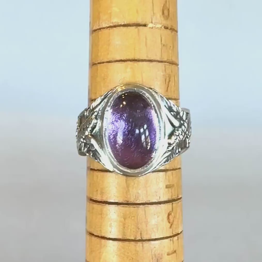 Amethyst Signet Ring With Birds and Flowers in Sterling Silver
