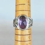 Load and play video in Gallery viewer, Amethyst Signet Ring With Birds and Flowers in Sterling Silver

