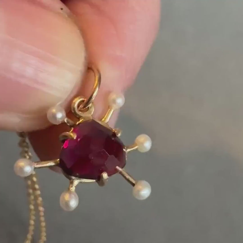 Atomic Rhodolite Garnet and Pearl 10K gold charm, solid gold