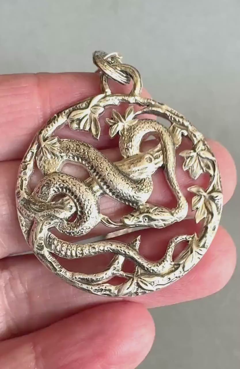 Snake in the Trees Pendant, Sterling Silver, Vintage Die pressed