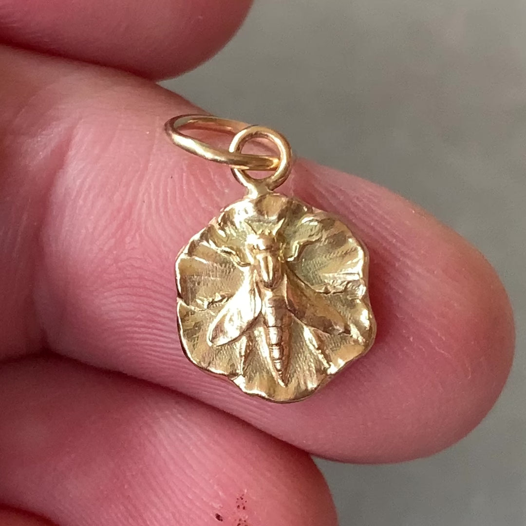 Gold Bee Charm, Art Nouveau, 14K gold and 18K , Bee pendant, leaf , honeycomb