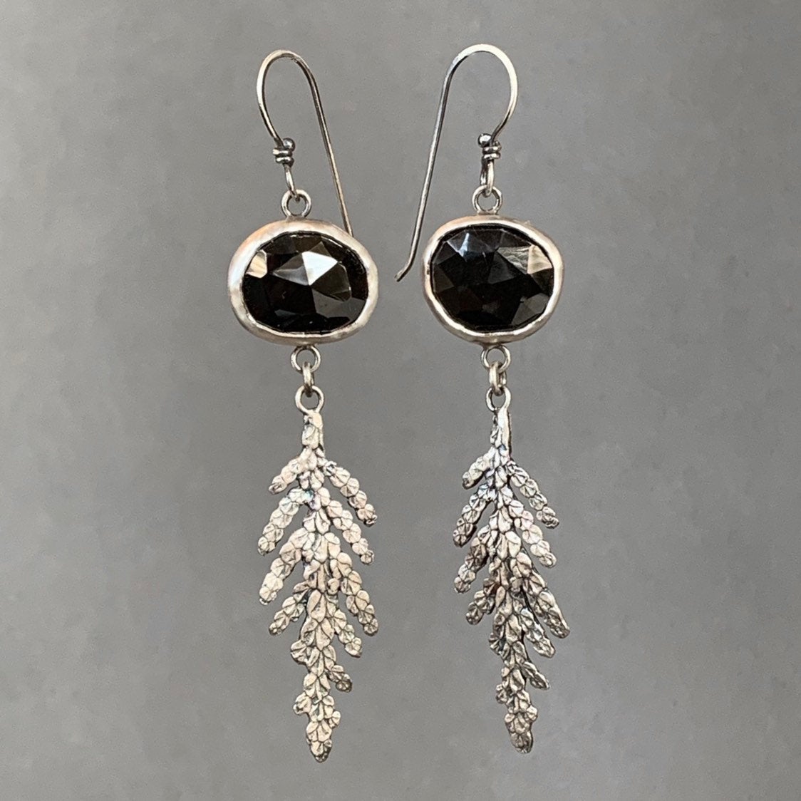 Black Spinel Earrings with Fern Dangles