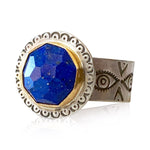 Load image into Gallery viewer, Lovely rose cut Lapis Lazuli ring with an 18K gold bezel. This ring has a 12mm round, rose cut gemstone surrounded by solid 18K yellow gold on a sterling silver base and shank. size 9.5
