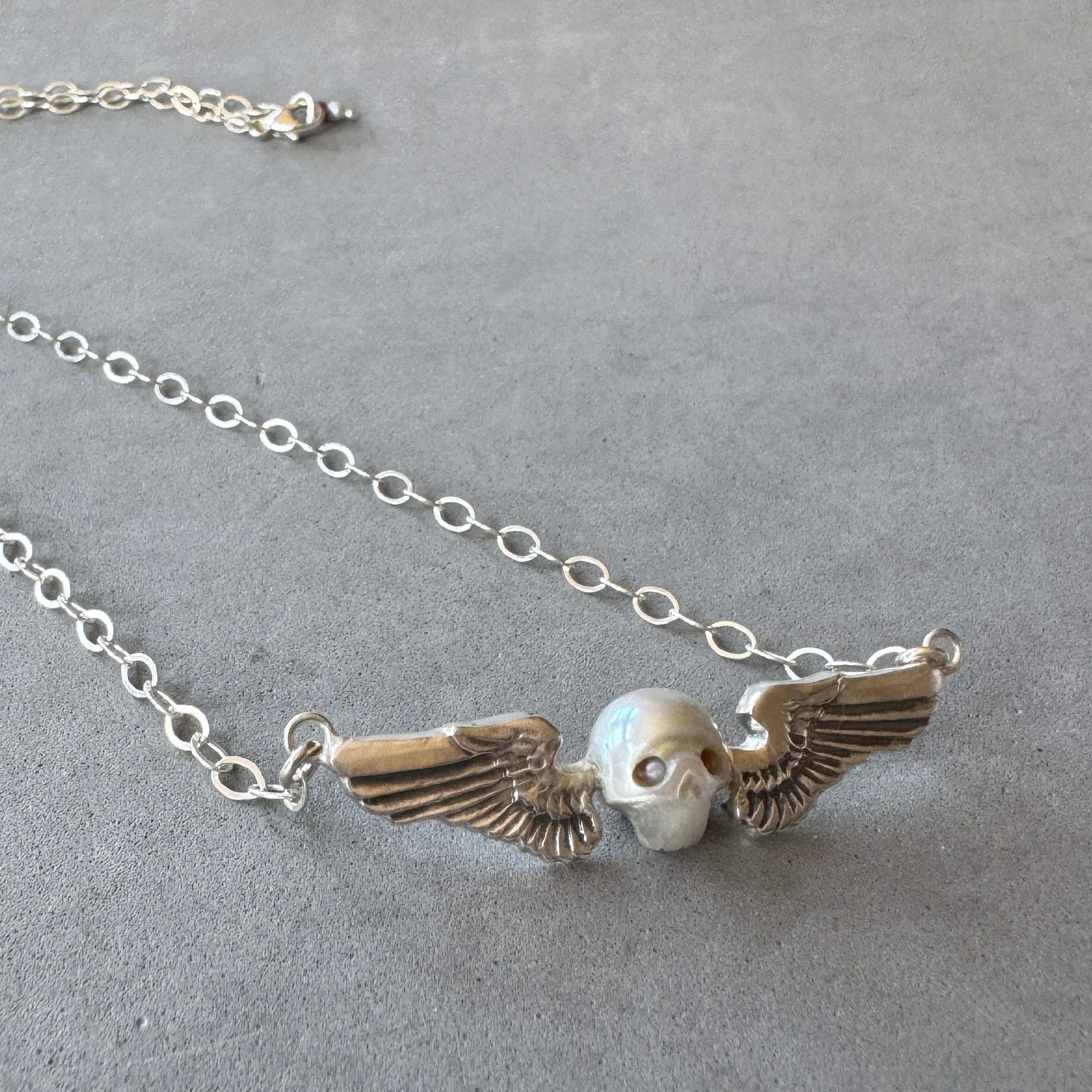 Pearl Winged Skull Pendant in Sterling Silver