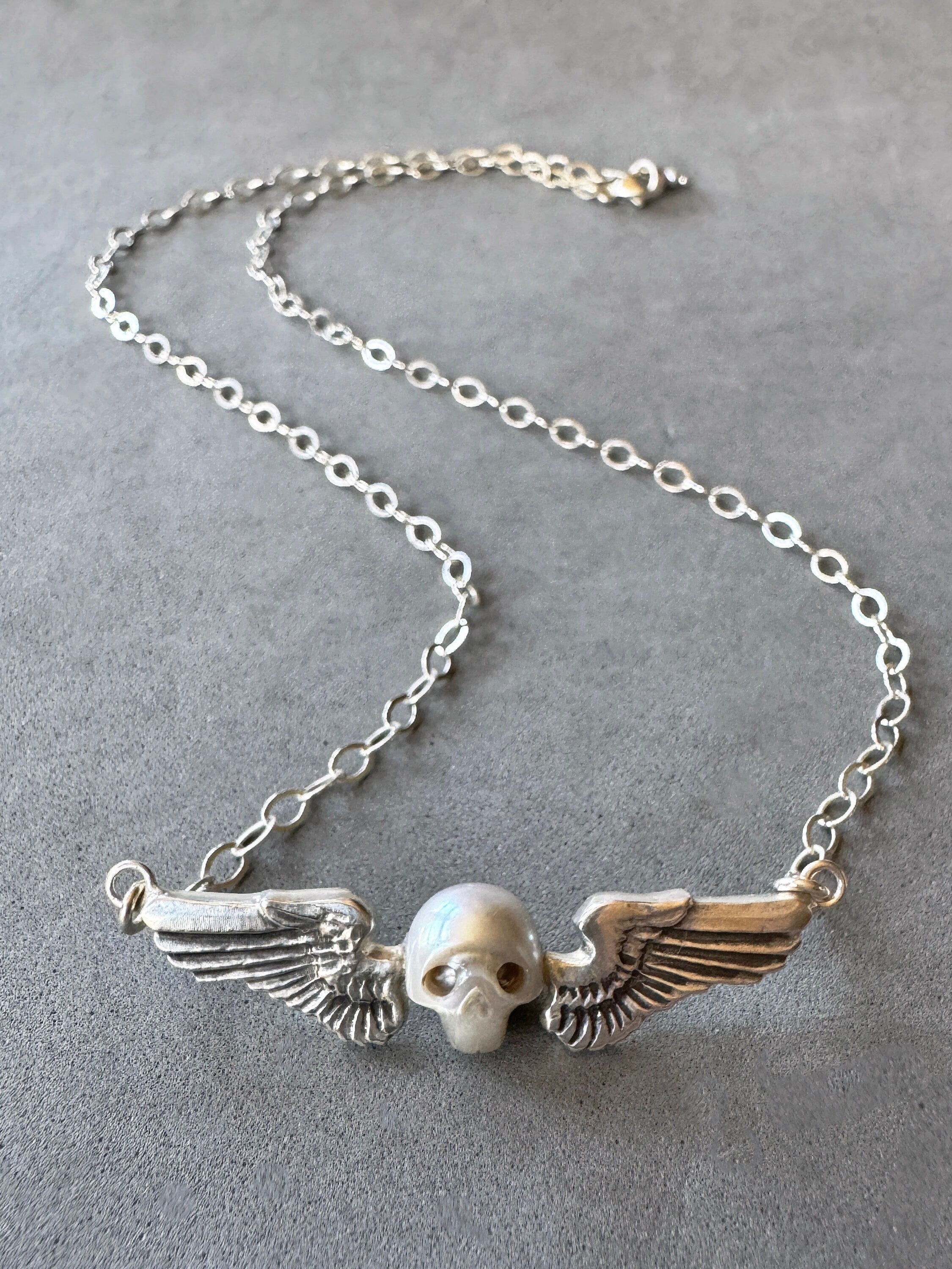 Pearl Winged Skull Pendant in Sterling Silver