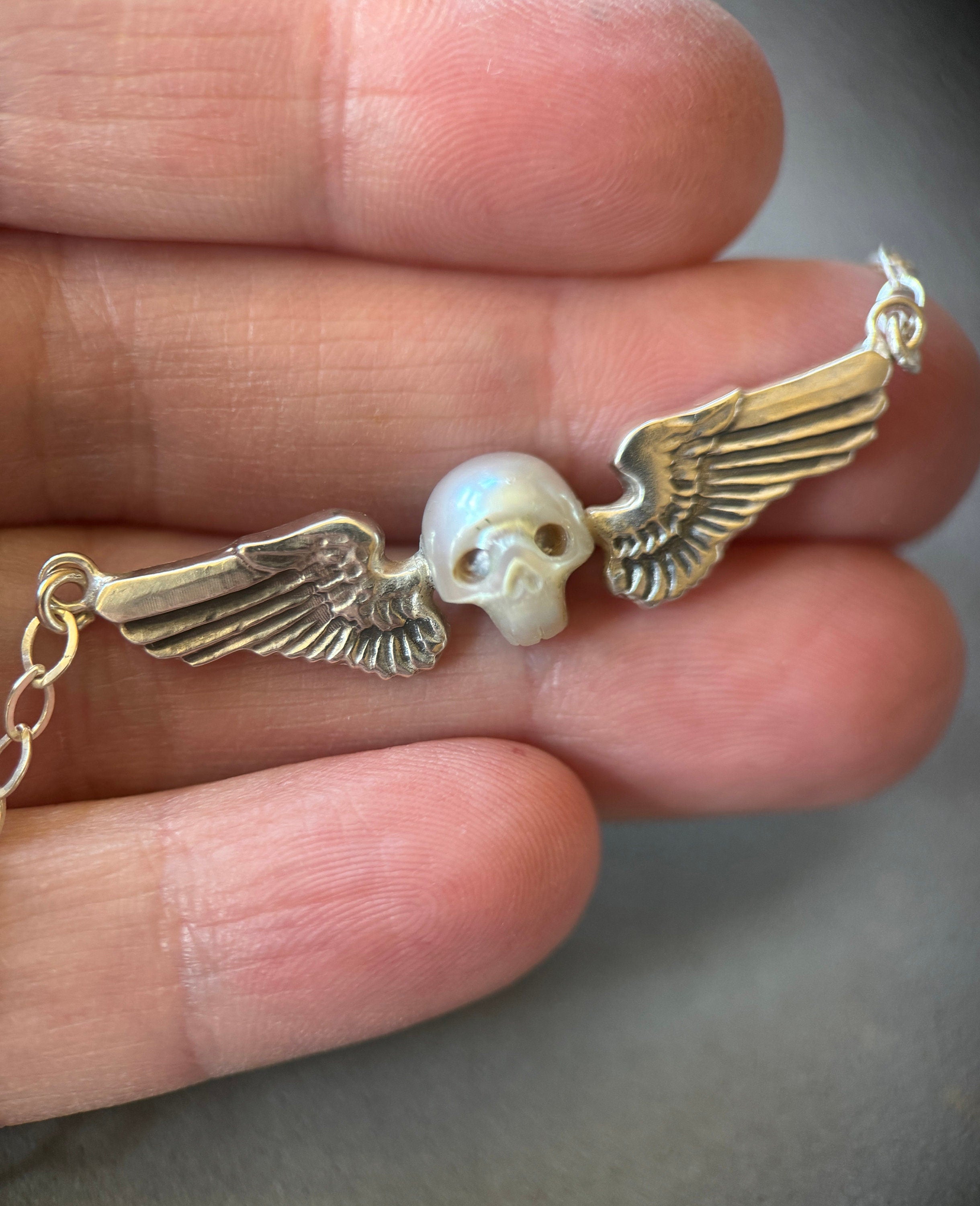 Pearl Winged Skull Pendant in Sterling Silver