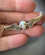 Load image into Gallery viewer, Pearl Winged Skull Pendant in Sterling Silver
